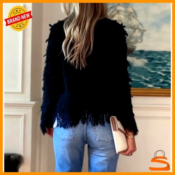 Tweed Blazer Cropped Open Front Fringe Jacket Cable Knit Lightweight Casual - Picture 3 of 4